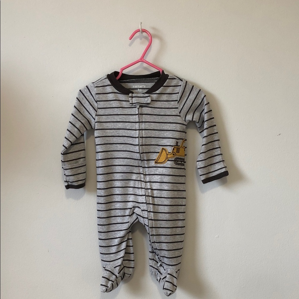 Carter's Gray and Black Striped Footed One-Piece with Yellow Truck